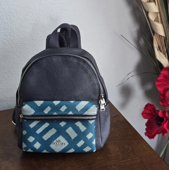 Authentic Coach Mini Leather Backpack Women Black Blue Logo Rare - Picture 3 of 11